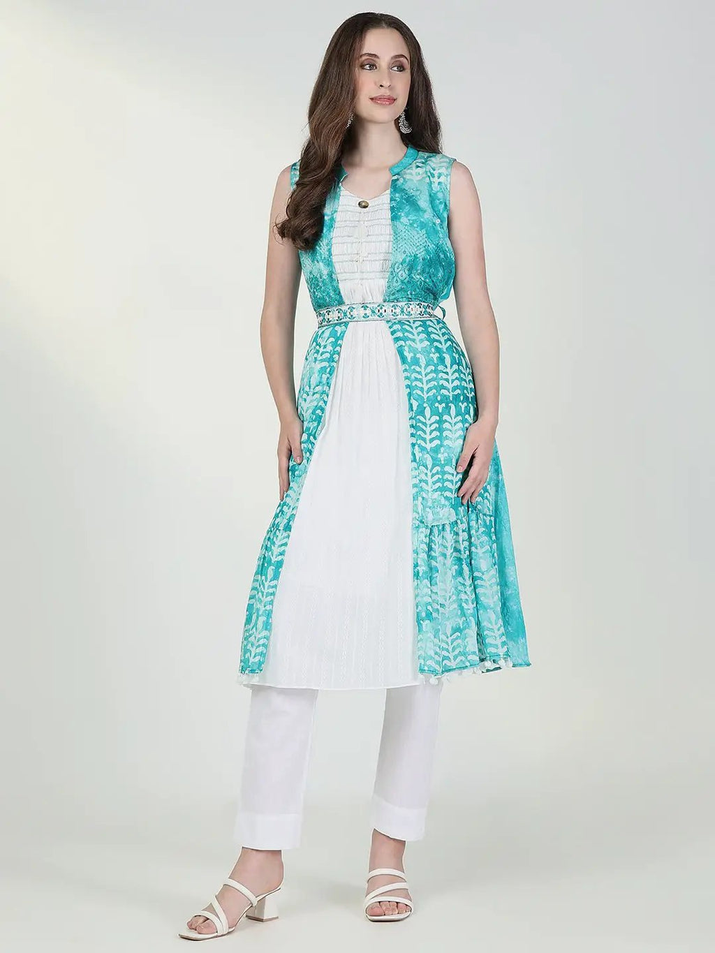 Women's White Solid Kurta with Coat and Belt