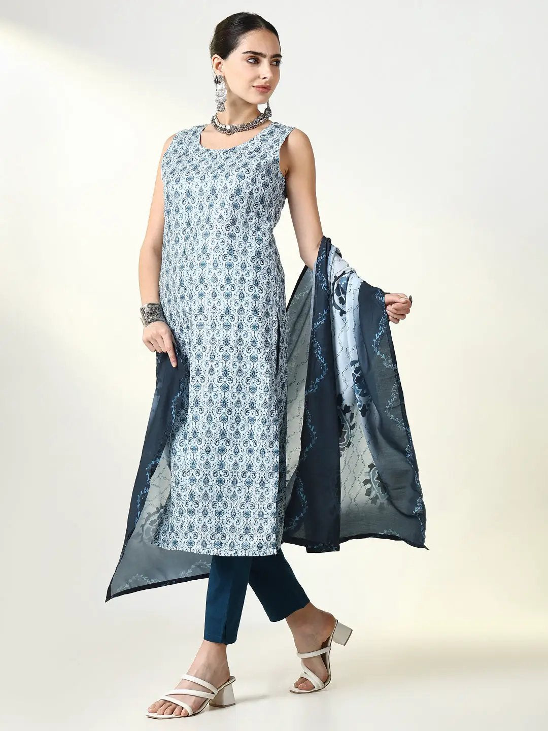 Women's Graphic Blue Ethnic Straight Kurta Set with Dupatta