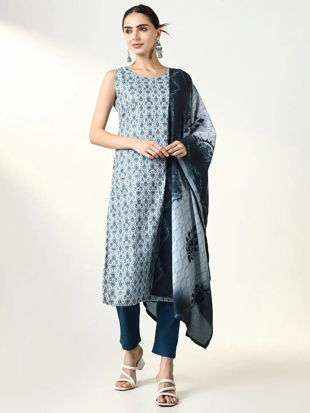 Women's Graphic Blue Ethnic Straight Kurta Set with Dupatta