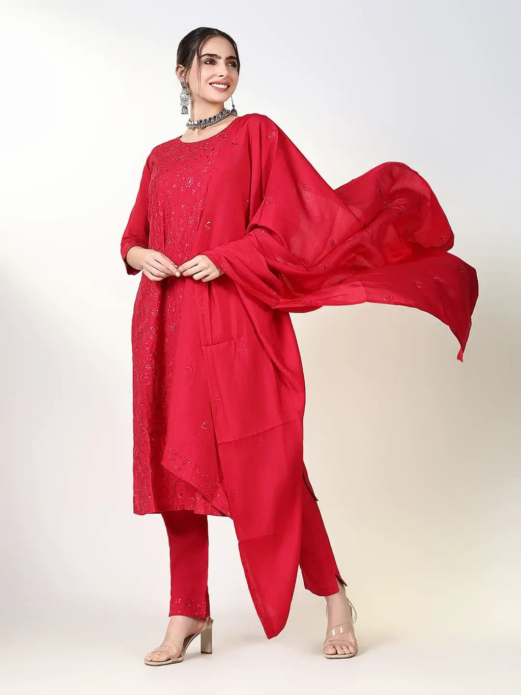 Women's Floral Pink Ethnic Straight Kurta Set with Dupatta