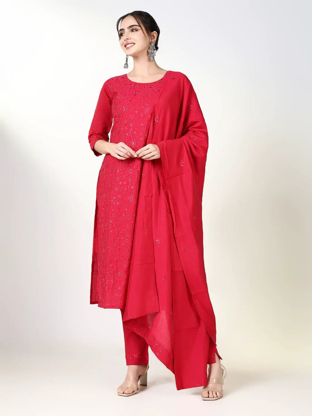Women's Floral Pink Ethnic Straight Kurta Set with Dupatta