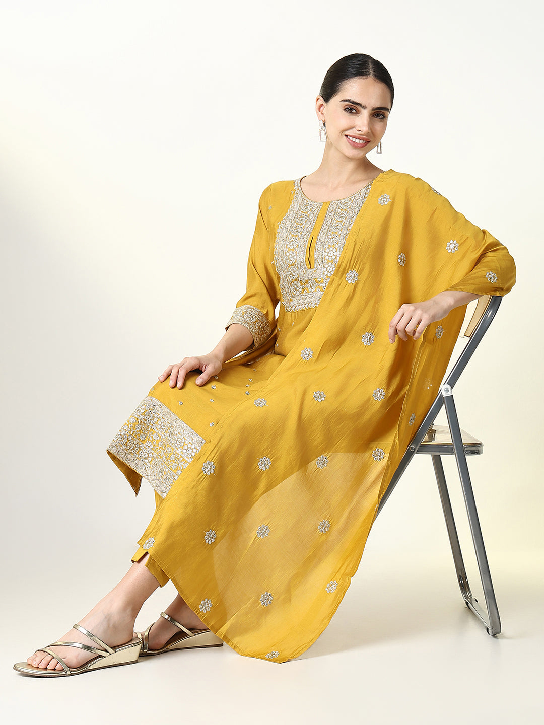 Women's Ethnic Solid Yellow Straight Kurta Set with Dupatta