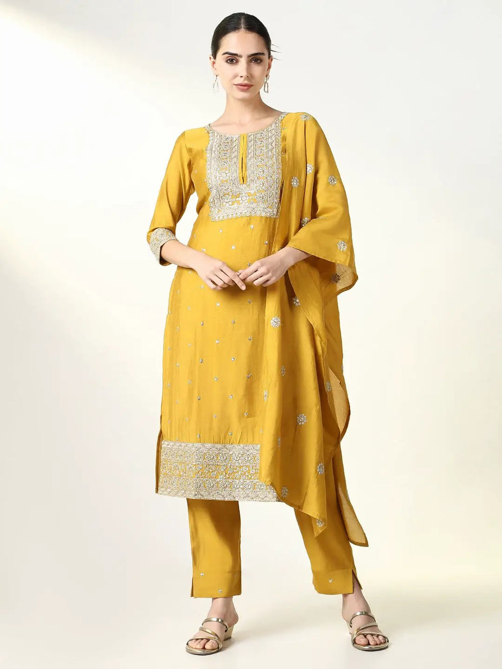 Women's Ethnic Solid Yellow Straight Kurta Set with Dupatta