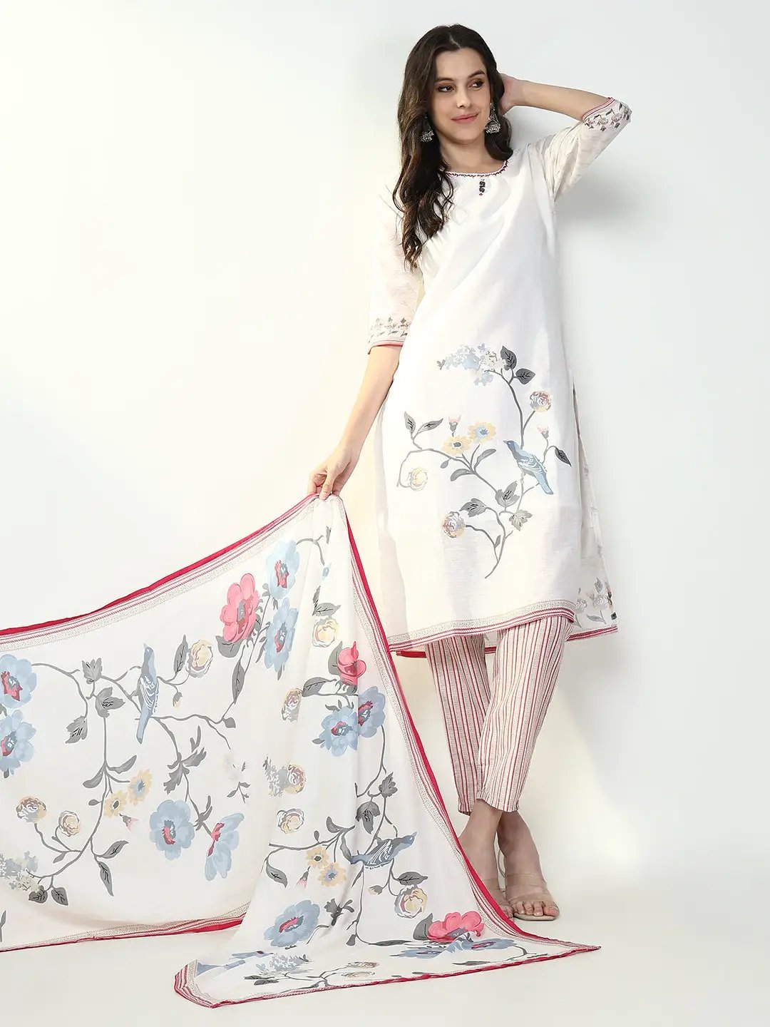 Women's Floral Printed Off White Straight Kurta Set with Dupatta