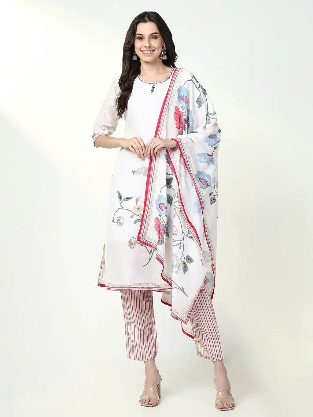 Women's Floral Printed Off White Straight Kurta Set with Dupatta