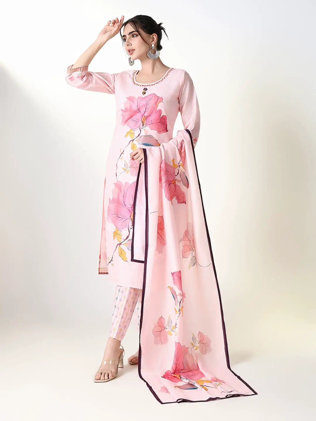 Women's Printed Floral Pink Straight Kurta Set with Dupatta