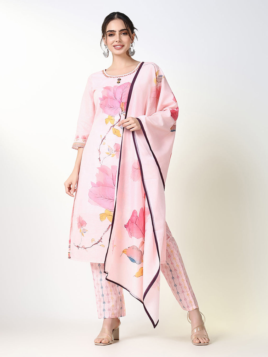 Women's Printed Floral Pink Straight Kurta Set with Dupatta