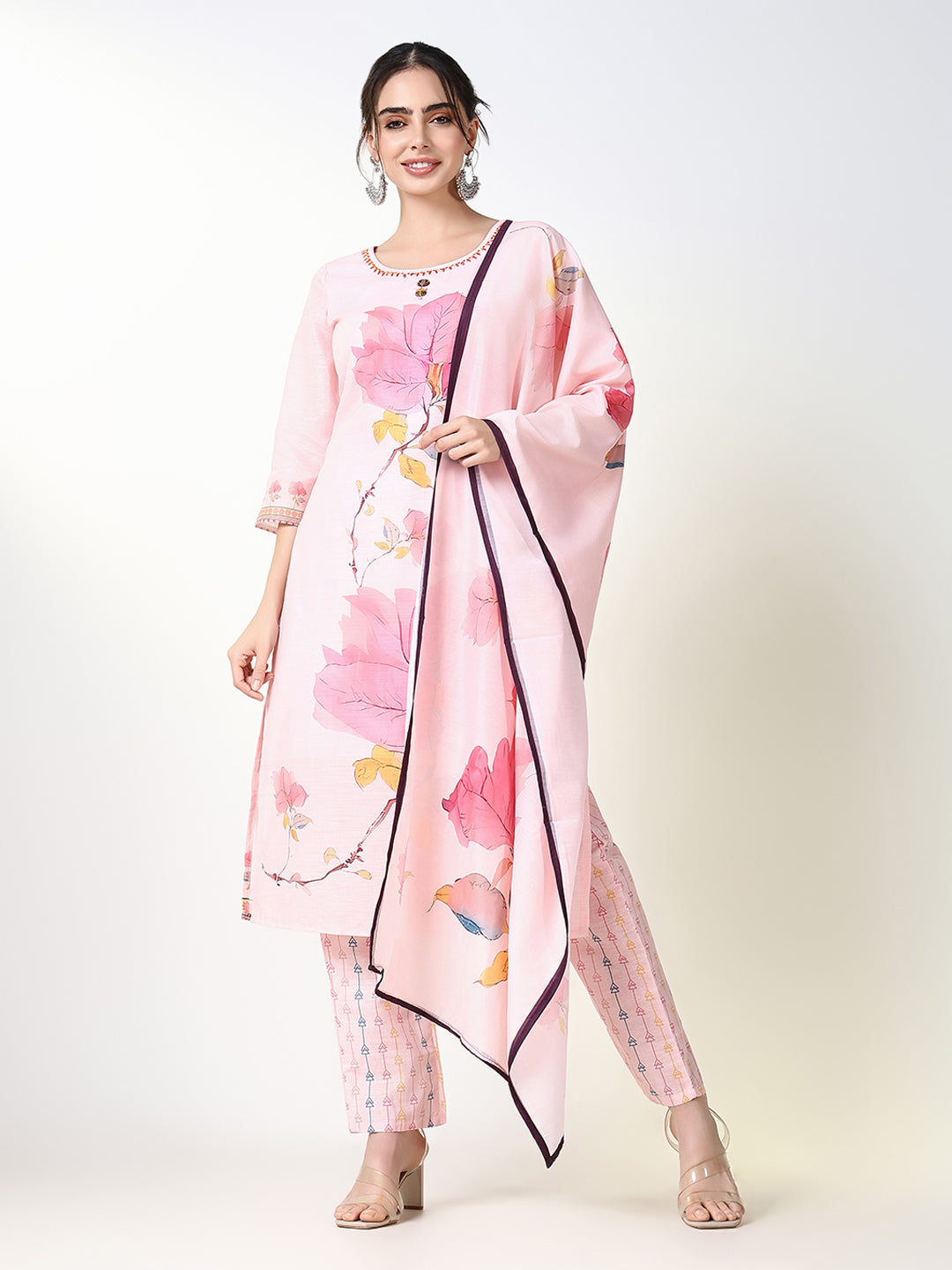 Women's Printed Floral Pink Straight Kurta Set with Dupatta