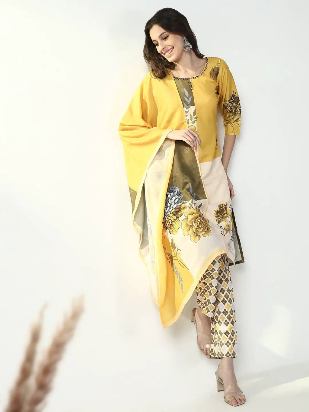 Women's Ethnic Floral Yellow Straight Kurta Set with Dupatta
