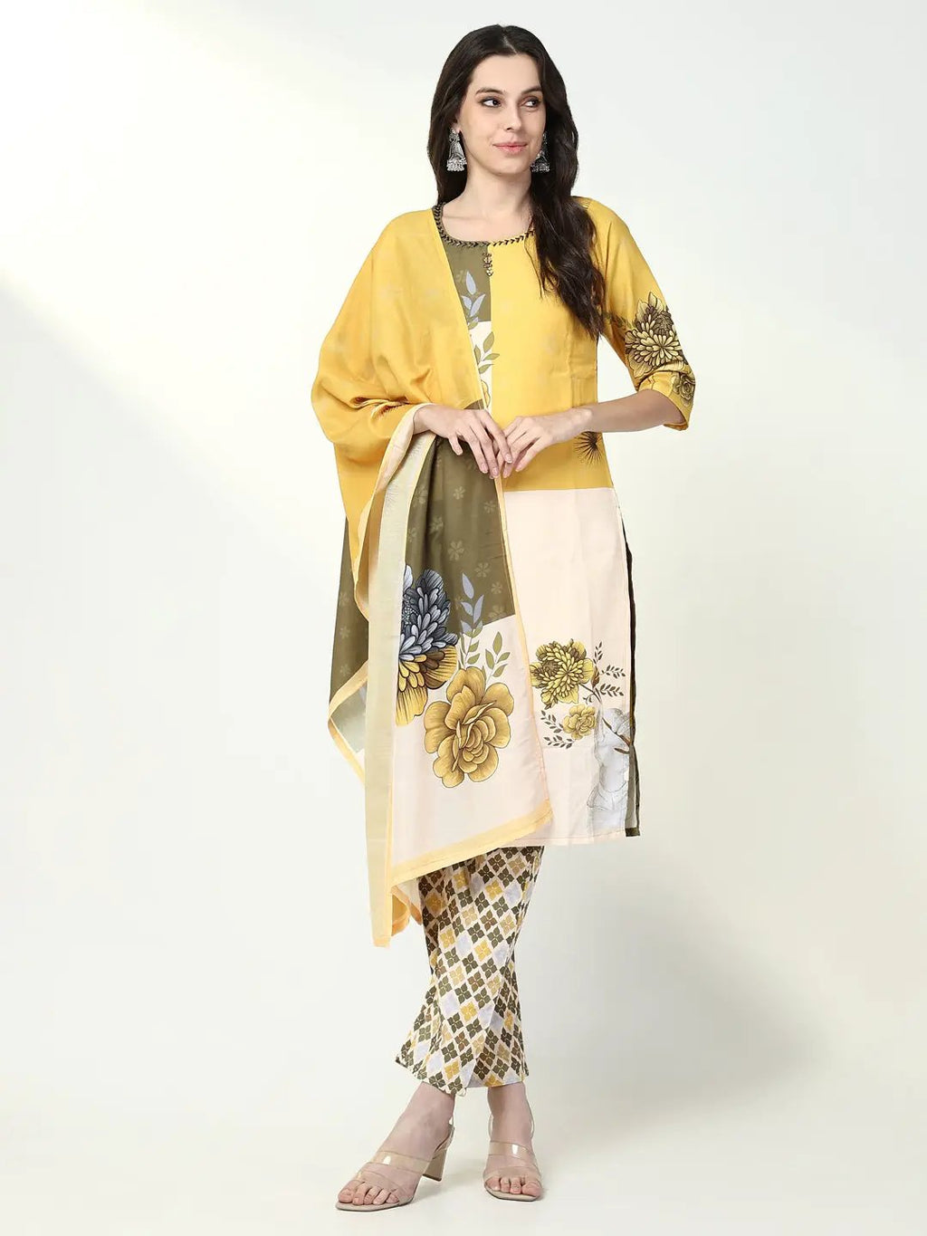 Women's Ethnic Floral Yellow Straight Kurta Set with Dupatta