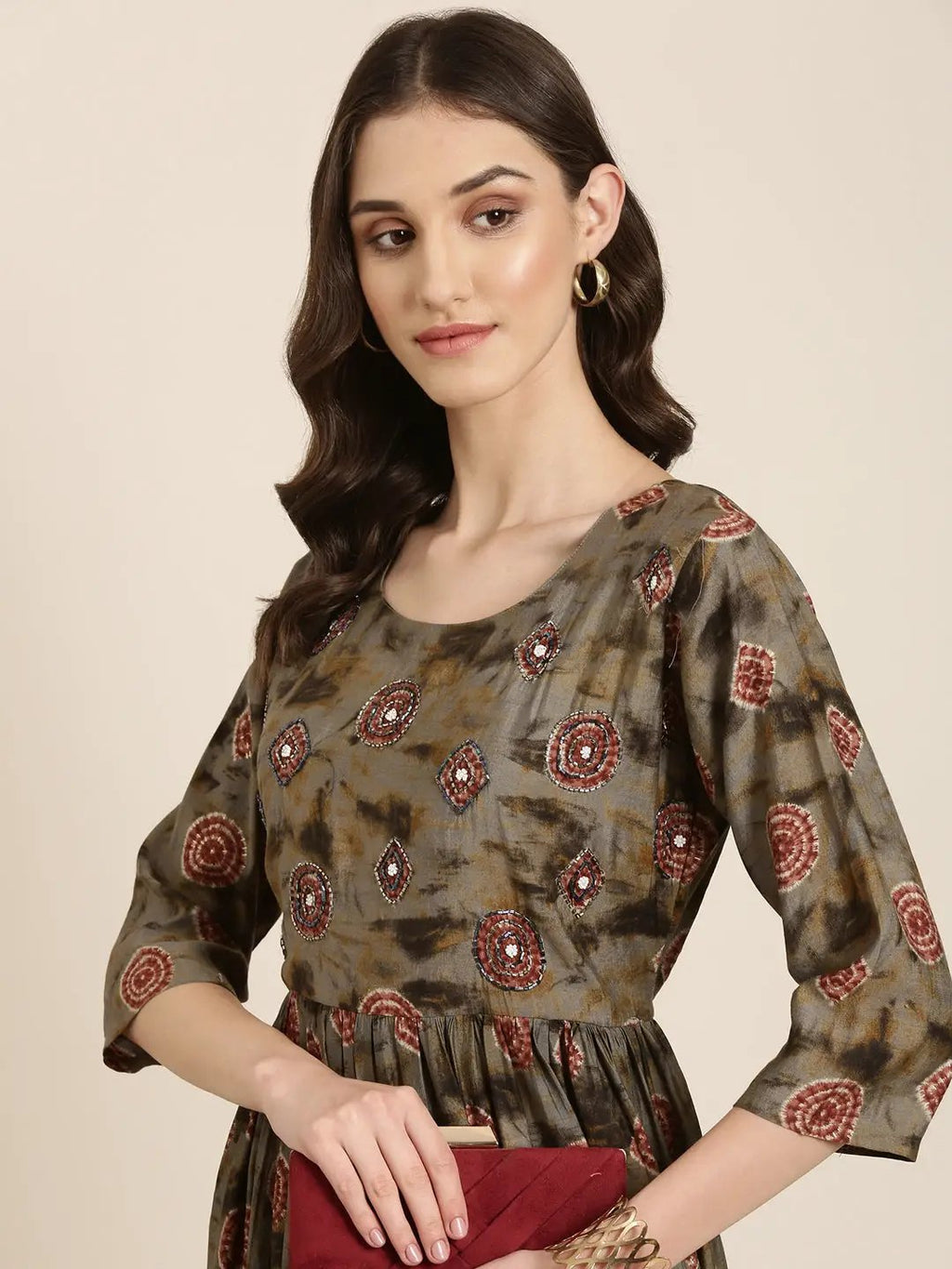 Women's Olive Geometric Printed Anarkali Beads and Stones Kurta Set