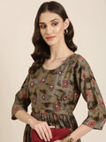 Women's Olive Geometric Printed Anarkali Beads and Stones Kurta Set