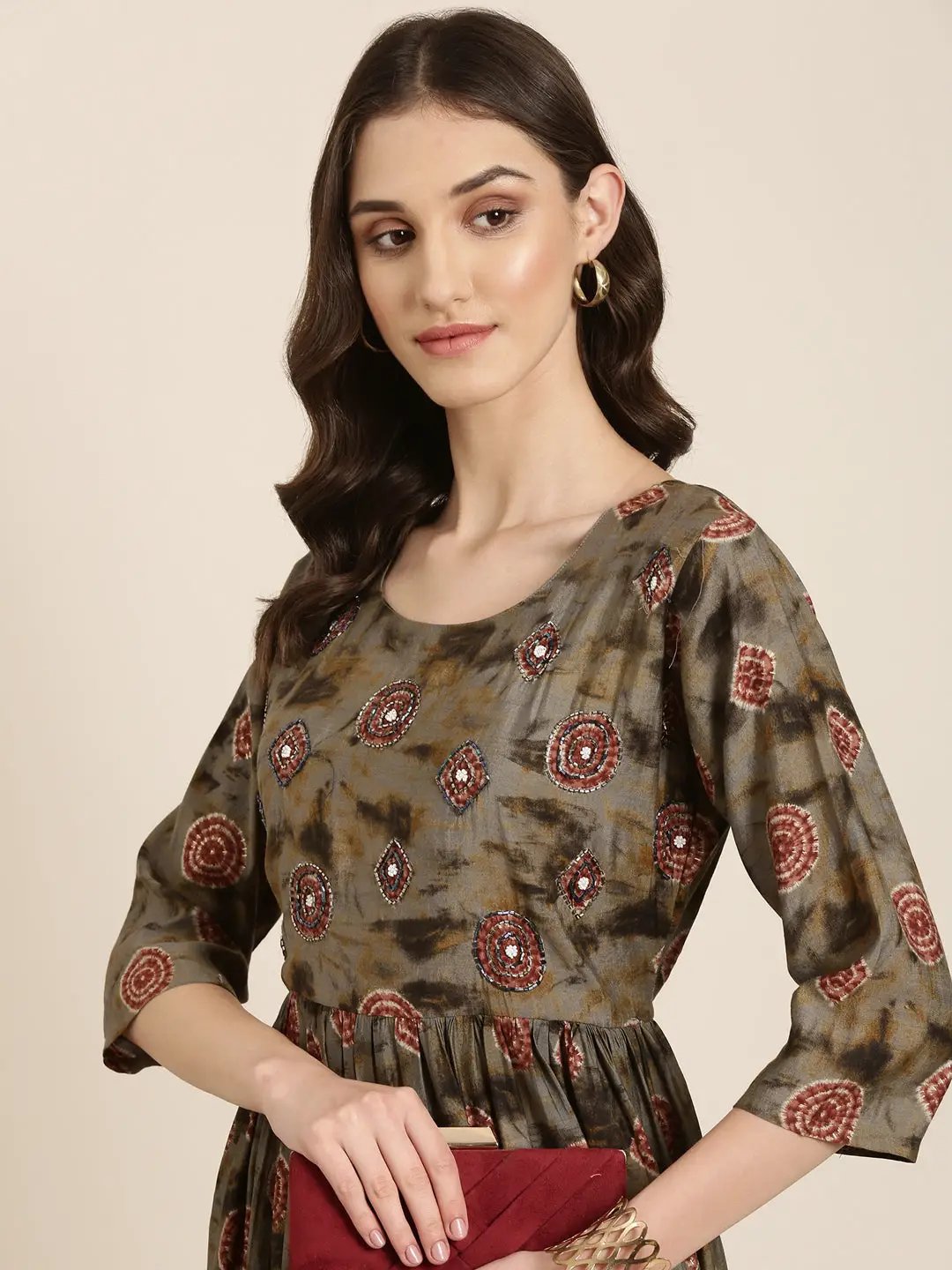 Women's Olive Geometric Printed Anarkali Beads and Stones Kurta Set