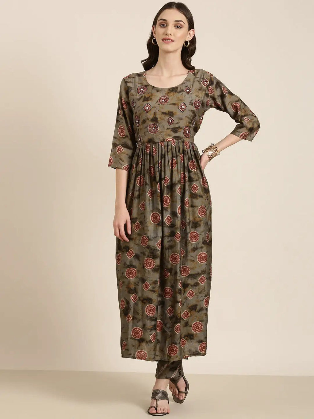 Women's Olive Geometric Printed Anarkali Beads and Stones Kurta Set
