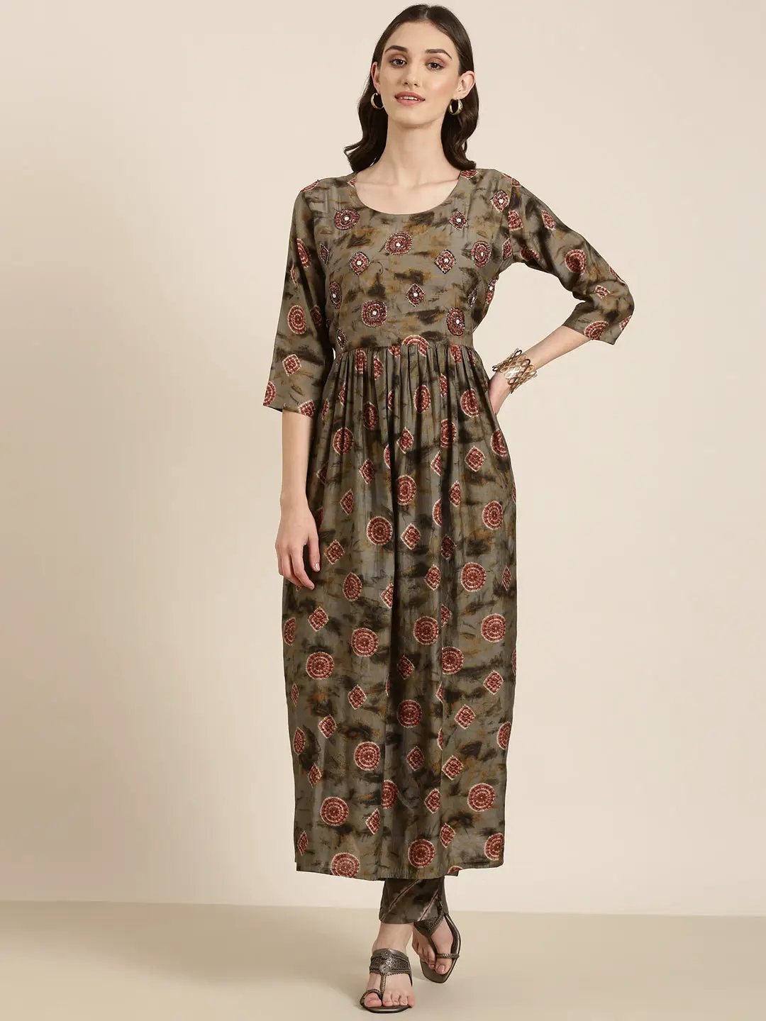 Women's Olive Geometric Printed Anarkali Beads and Stones Kurta Set