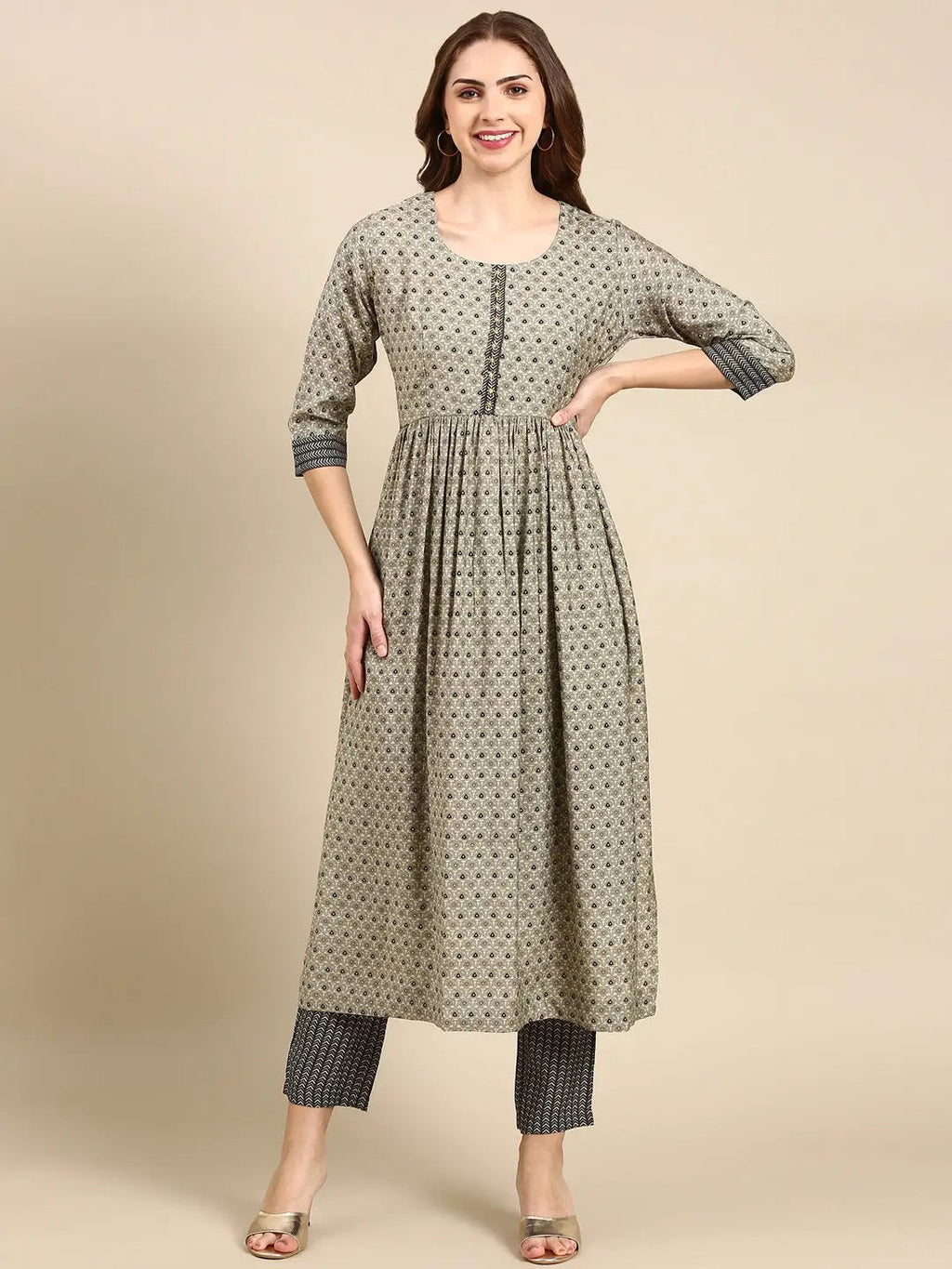 Women's Taupe Printed A-Line Beads and Stones Kurta Set
