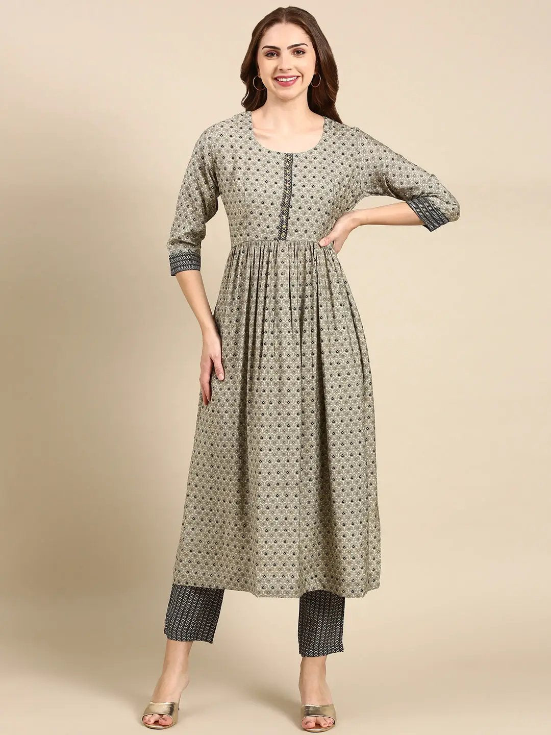 Women's Taupe Printed A-Line Beads and Stones Kurta Set