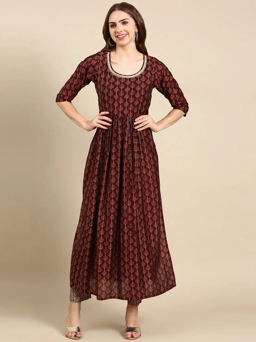 Women's Red Ethnic Motifs Printed Beads and Stones Kurta Set