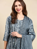 Women's Grey Printed Mirror Work Dupion Silk Kurta Set with Dupatta