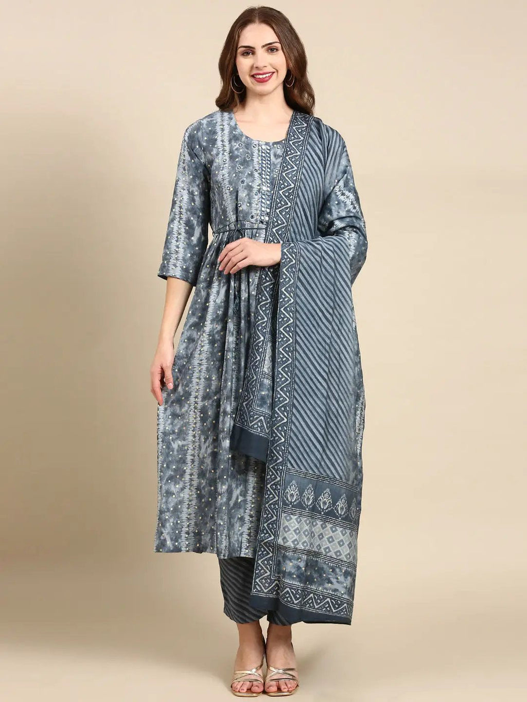 Women's Grey Printed Mirror Work Dupion Silk Kurta Set with Dupatta