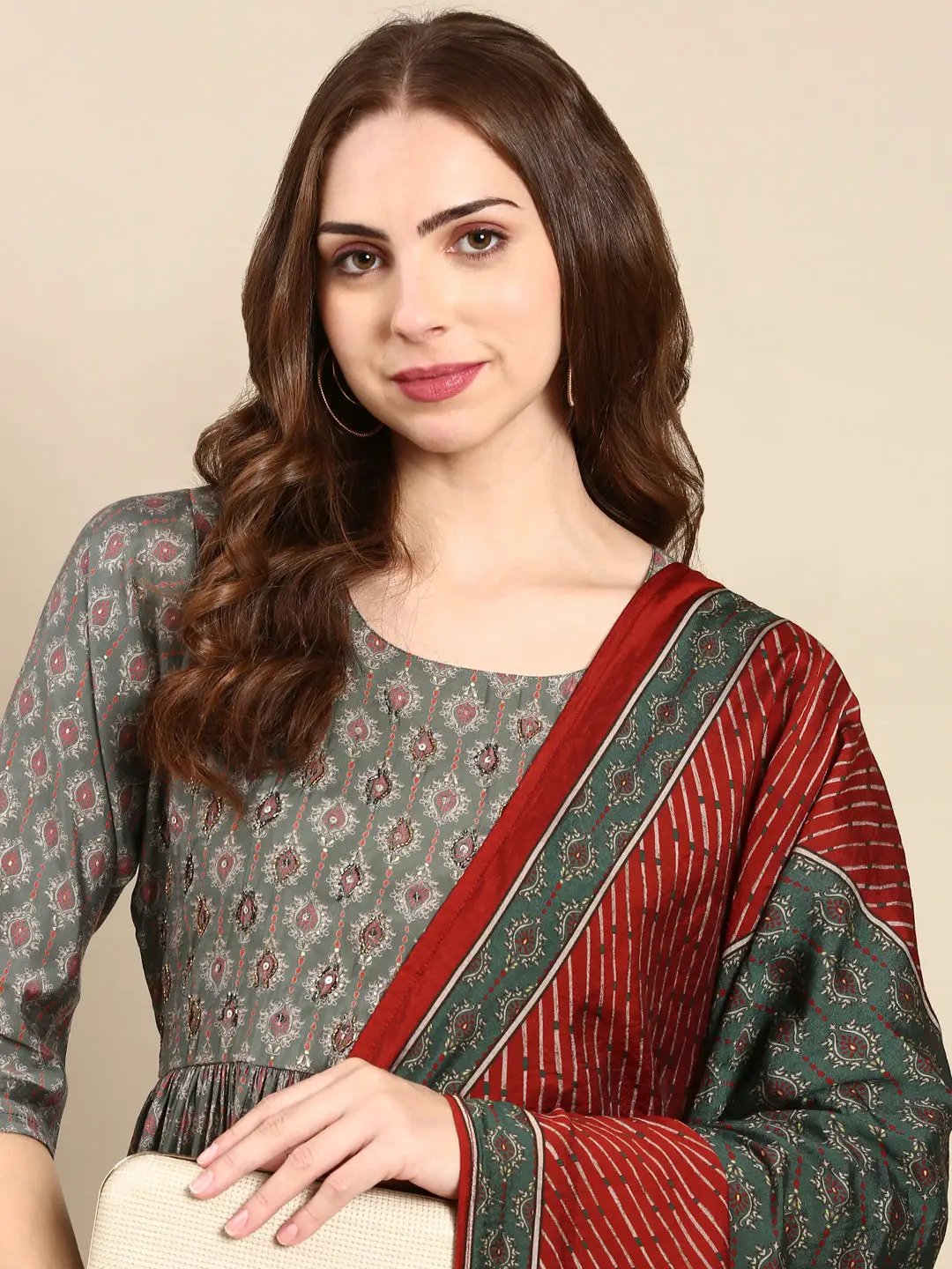 Women's Green Ethnic Motifs Printed Anarkali Kurta Set with Dupatta