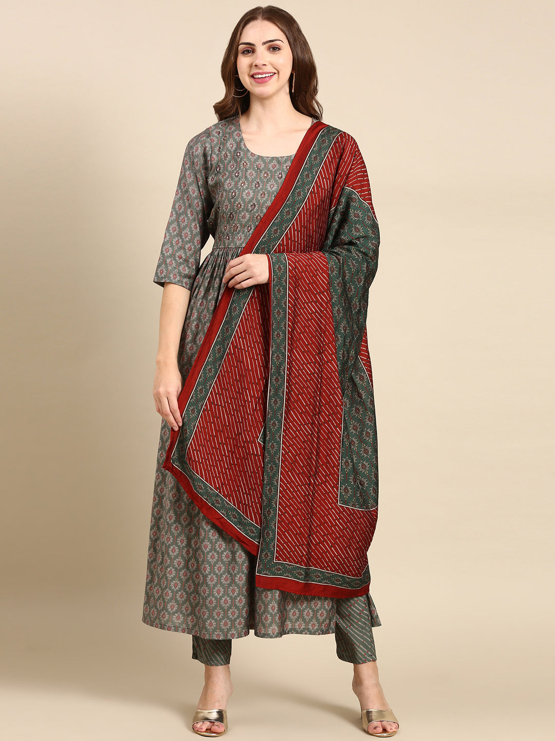 Women's Green Ethnic Motifs Printed Anarkali Kurta Set with Dupatta