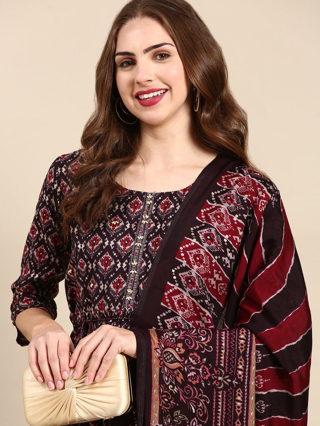 Women's Purple Ethnic Motifs Printed Beads and Stones Kurta Set with Dupatta