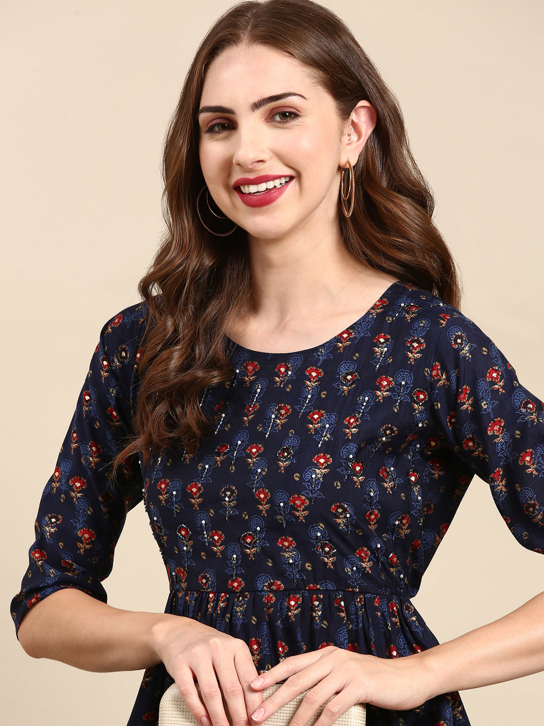 Women's Navy Blue Ethnic Motifs Printed Beads and Stones Kurta Set
