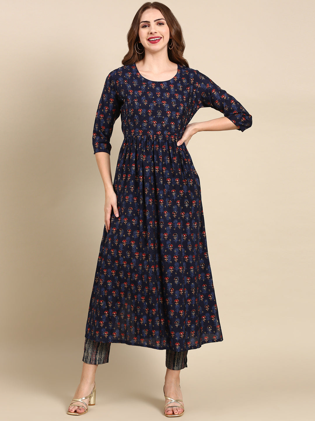 Women's Navy Blue Ethnic Motifs Printed Beads and Stones Kurta Set