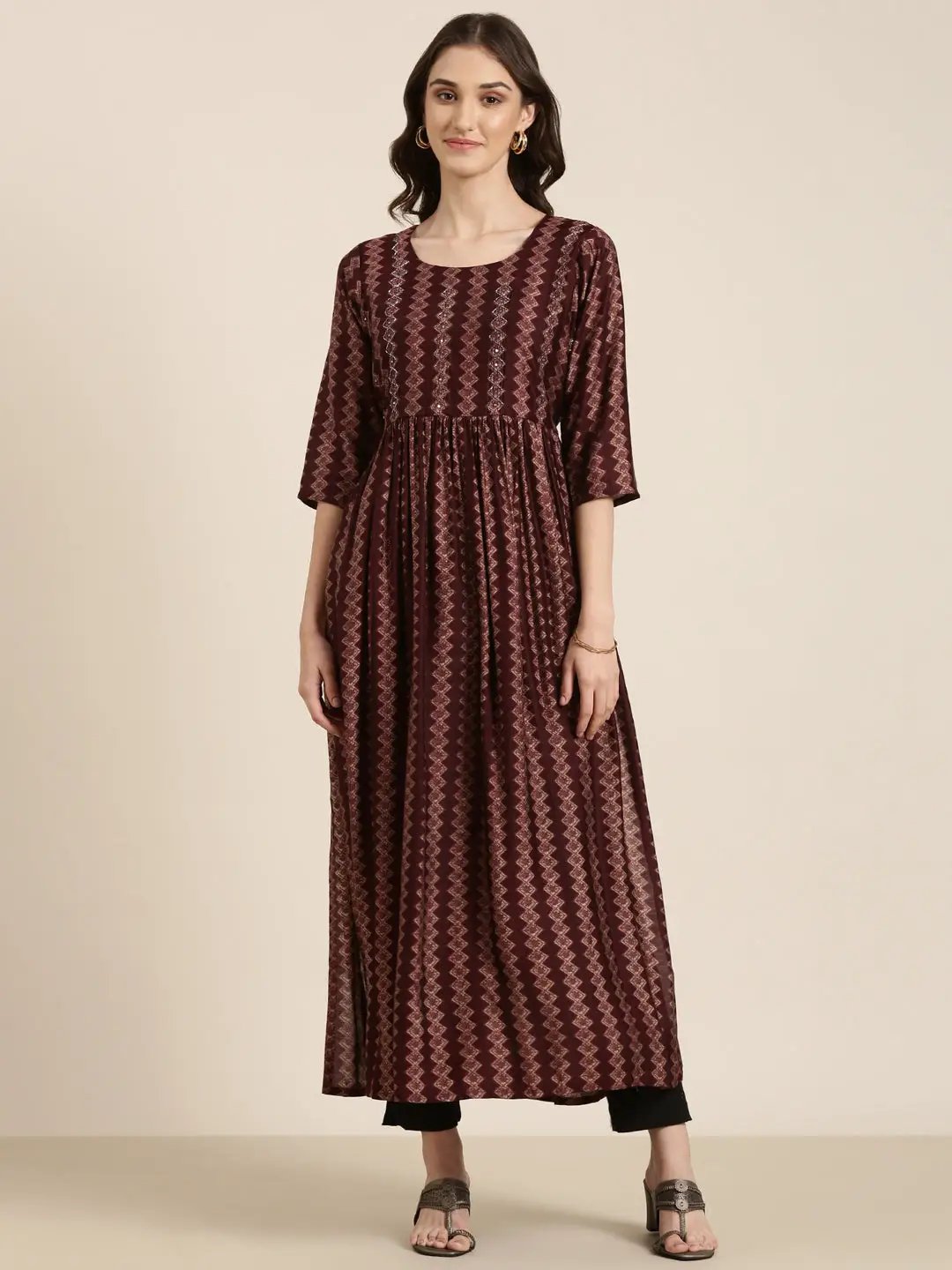 Women's Red Geometric Printed A-Line Kurta