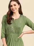 Women's Green Striped Sequinned Anarkali Kurta