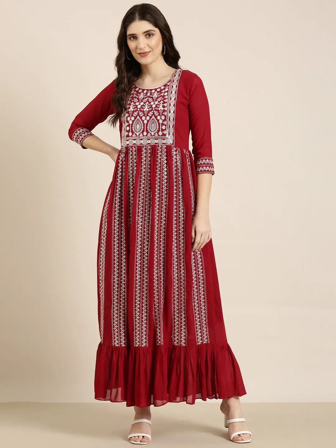 Women's Maroon Ethnic Motif Printed Anarkali Kurta