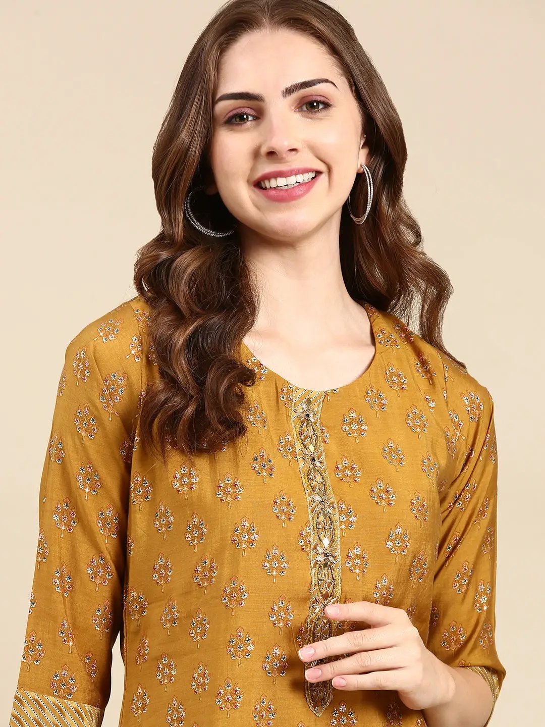 Women's Gold Printed Beads and Stones Dupion Silk Kurta Set