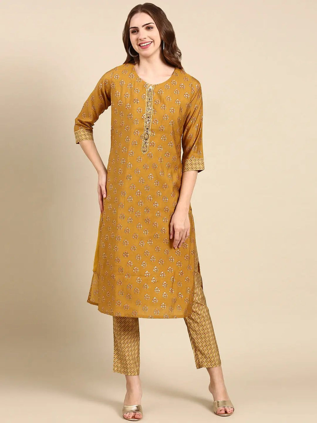 Women's Gold Printed Beads and Stones Dupion Silk Kurta Set