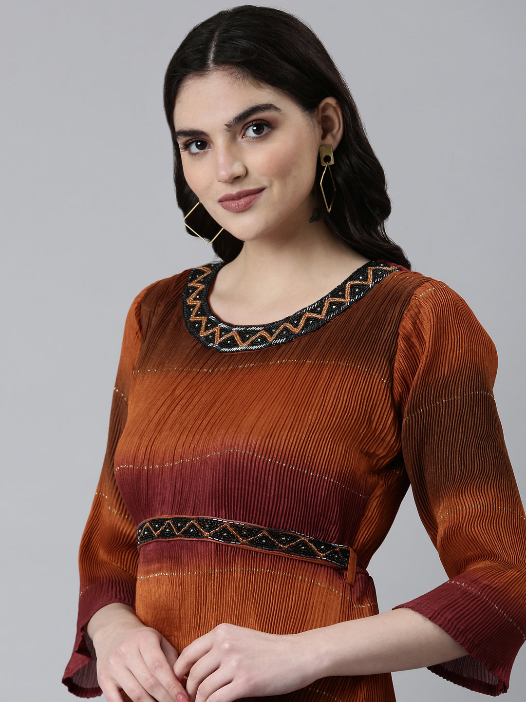 Women's Brown Colour blocked Embellished Accordion Pleated Georgette Fit & Flare Dress With Belt