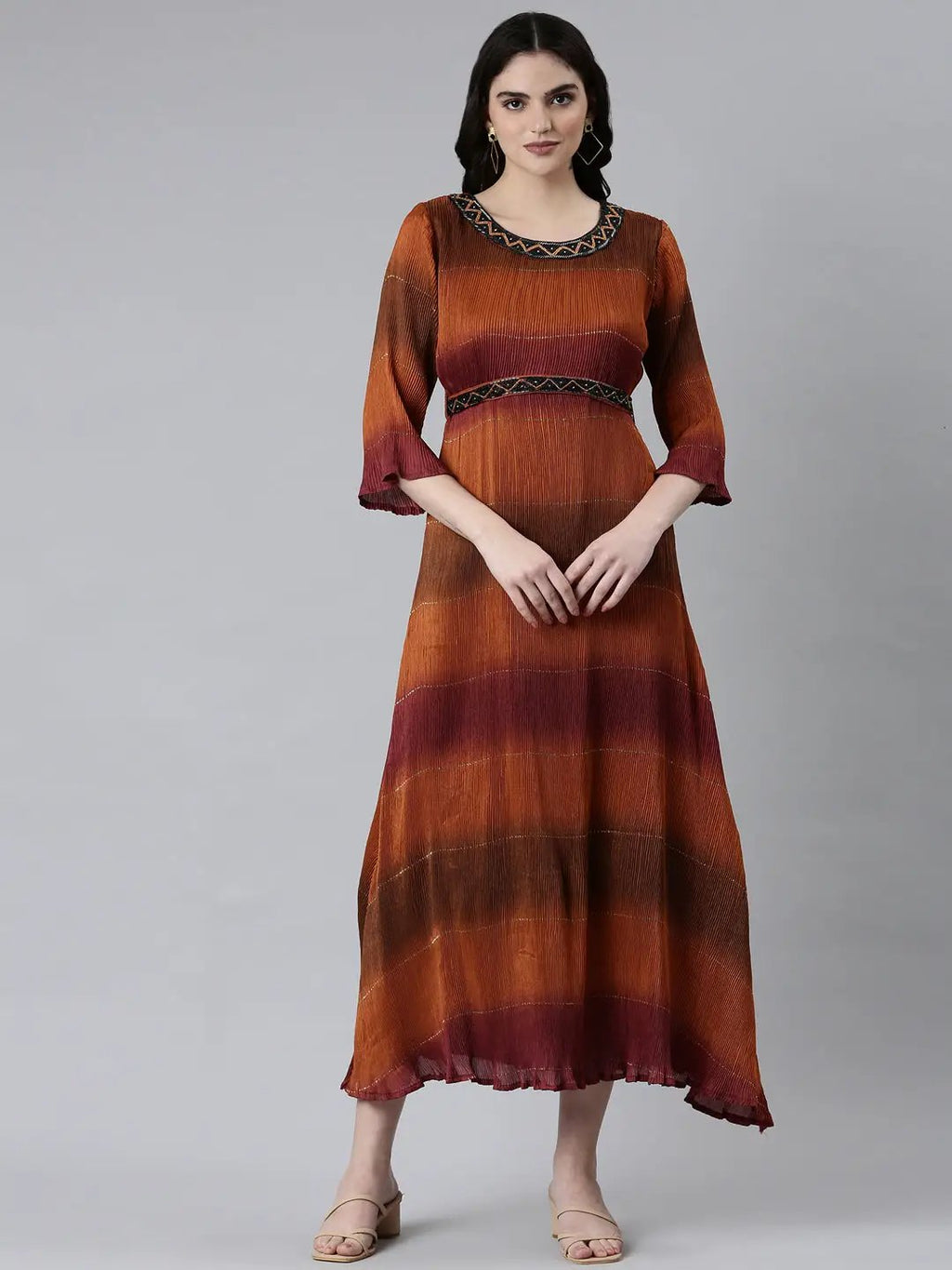Women's Brown Colour blocked Embellished Accordion Pleated Georgette Fit & Flare Dress With Belt