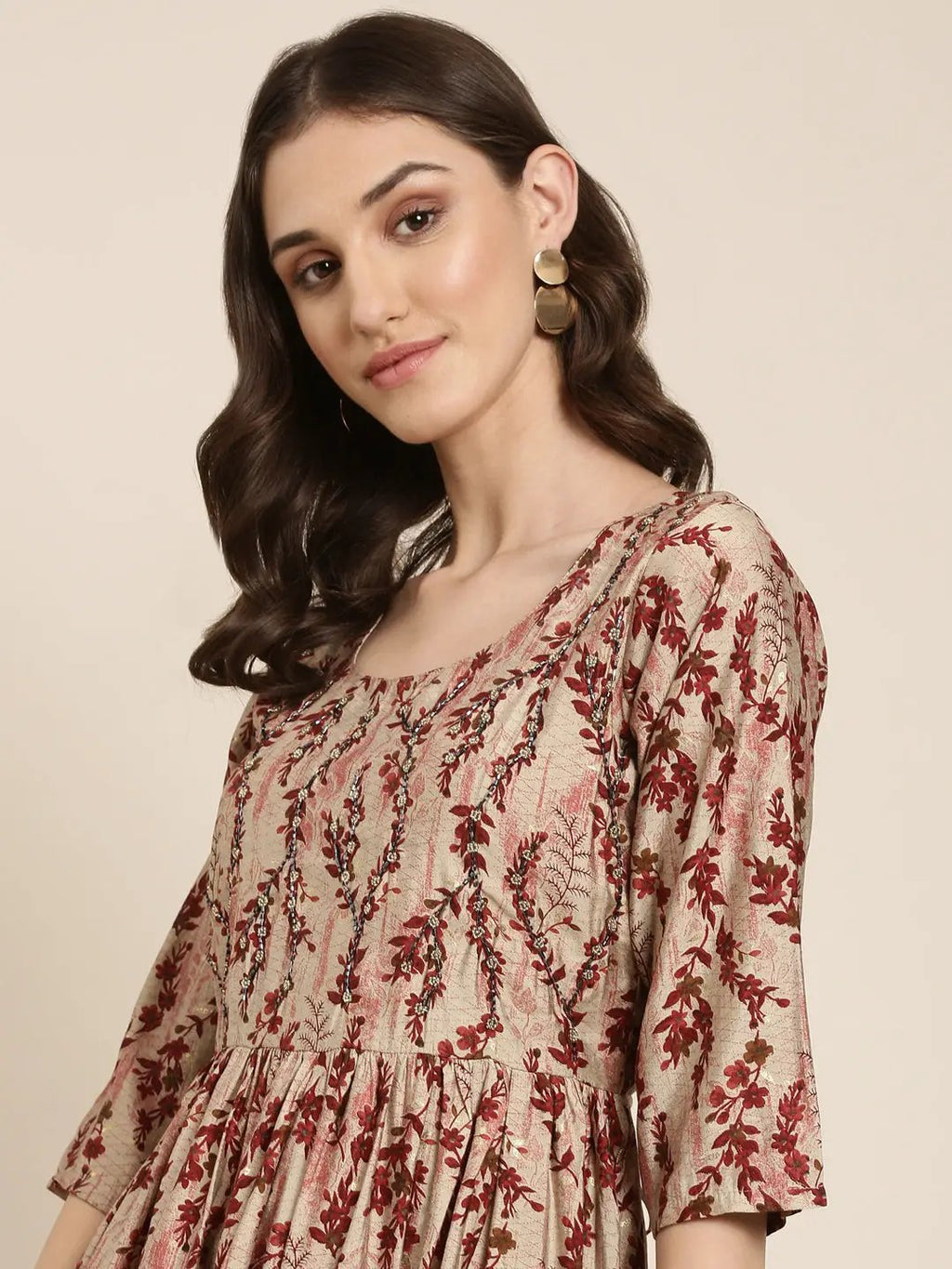 Women's Beige Ethnic Motifs Printed Beads & Stones Pleated A-Line Kurta Set