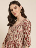 Women's Beige Ethnic Motifs Printed Beads & Stones Pleated A-Line Kurta Set