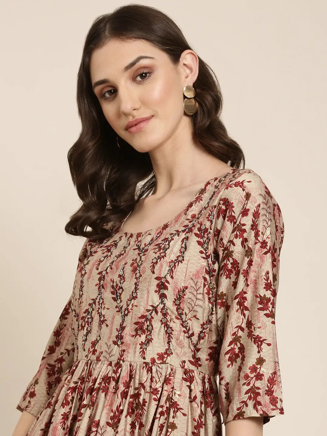 Women's Beige Ethnic Motifs Printed Beads & Stones Pleated A-Line Kurta Set
