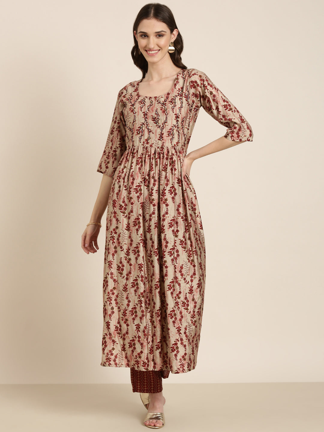 Women's Beige Ethnic Motifs Printed Beads & Stones Pleated A-Line Kurta Set