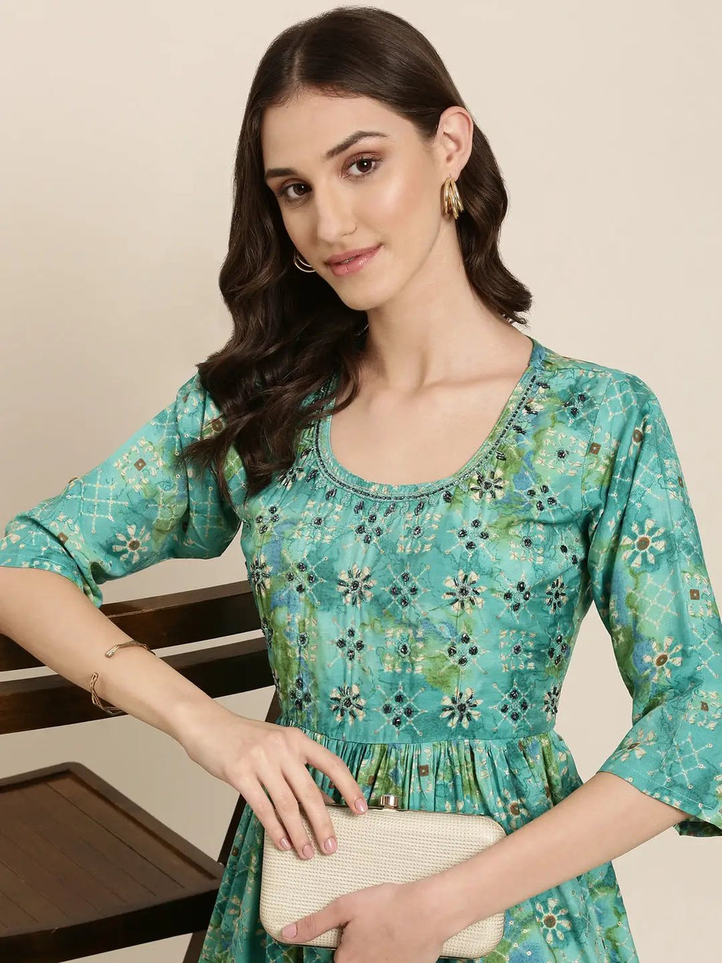 Women's Teal Floral Printed Regular Beads And Stones Kurta Set