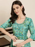 Women's Teal Floral Printed Regular Beads And Stones Kurta Set