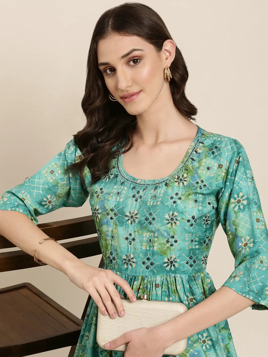 Women's Teal Floral Printed Regular Beads And Stones Kurta Set