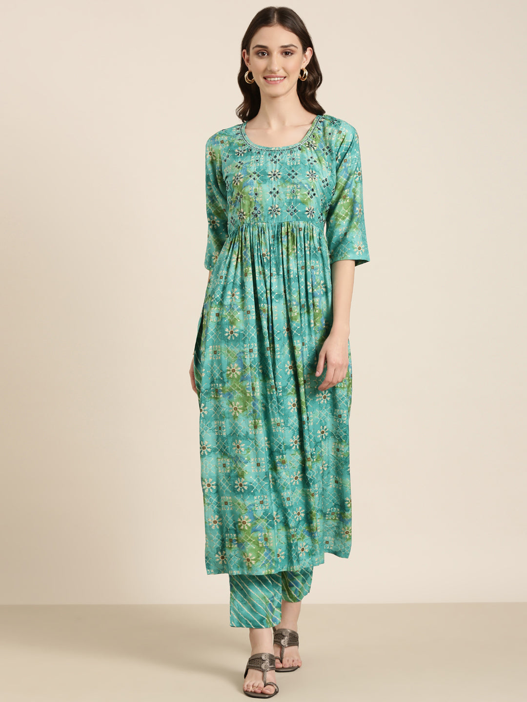 Women's Teal Floral Printed Regular Beads And Stones Kurta Set