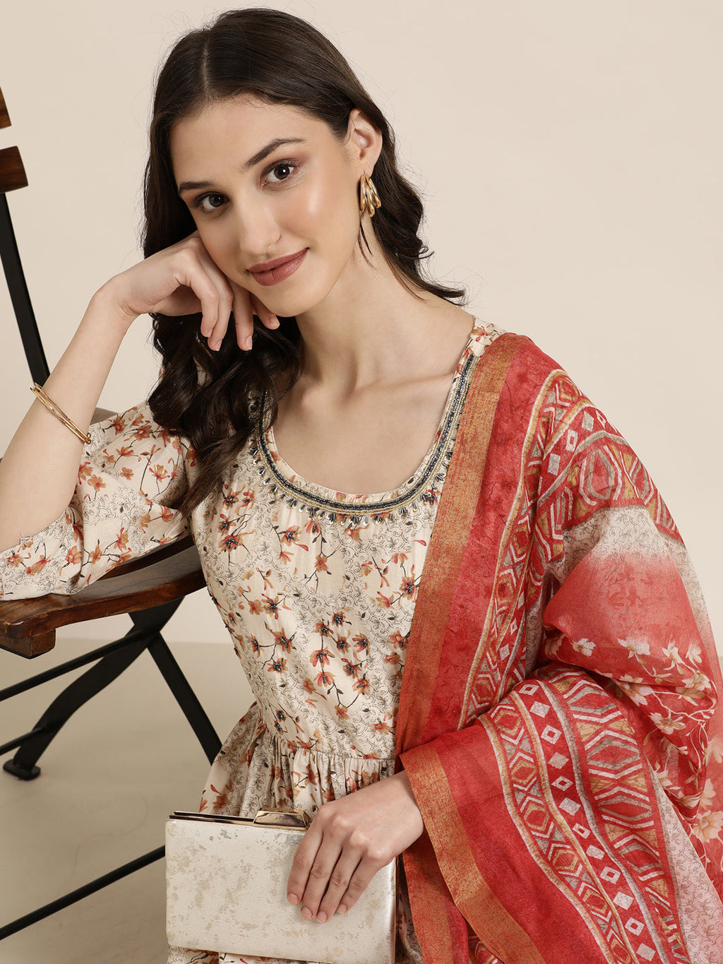 Women's Cream Floral Printed Beads and Stones Anarkali Kurta Set With Dupatta
