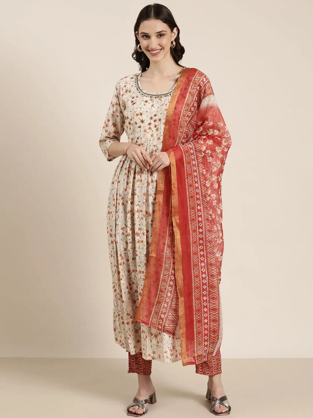 Women's Cream Floral Printed Beads and Stones Anarkali Kurta Set With Dupatta