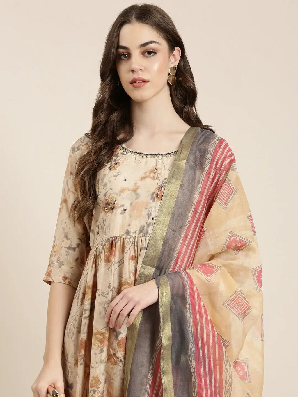 Women's Beige Floral Printed Regular Beads And Stones Kurta Set With Dupatta