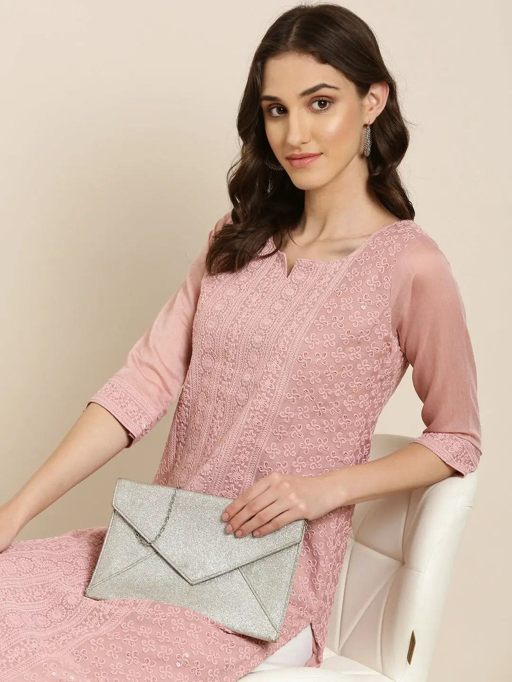 Women's Pink Floral Embroidered Sequinned Straight Kurta