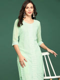 Women's Sea Green Embroidered Thread Work Straight Kurta