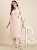 Women's Straight Peach Solid Kurta Sets With Trousers